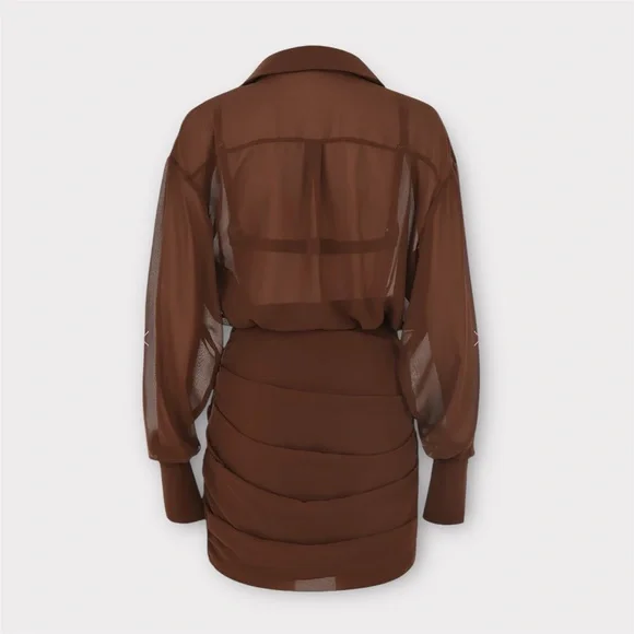 HOUSE of CB Small NWT CLEO Chocolate Chiffon Shirt Dress - Picture 4 of 16